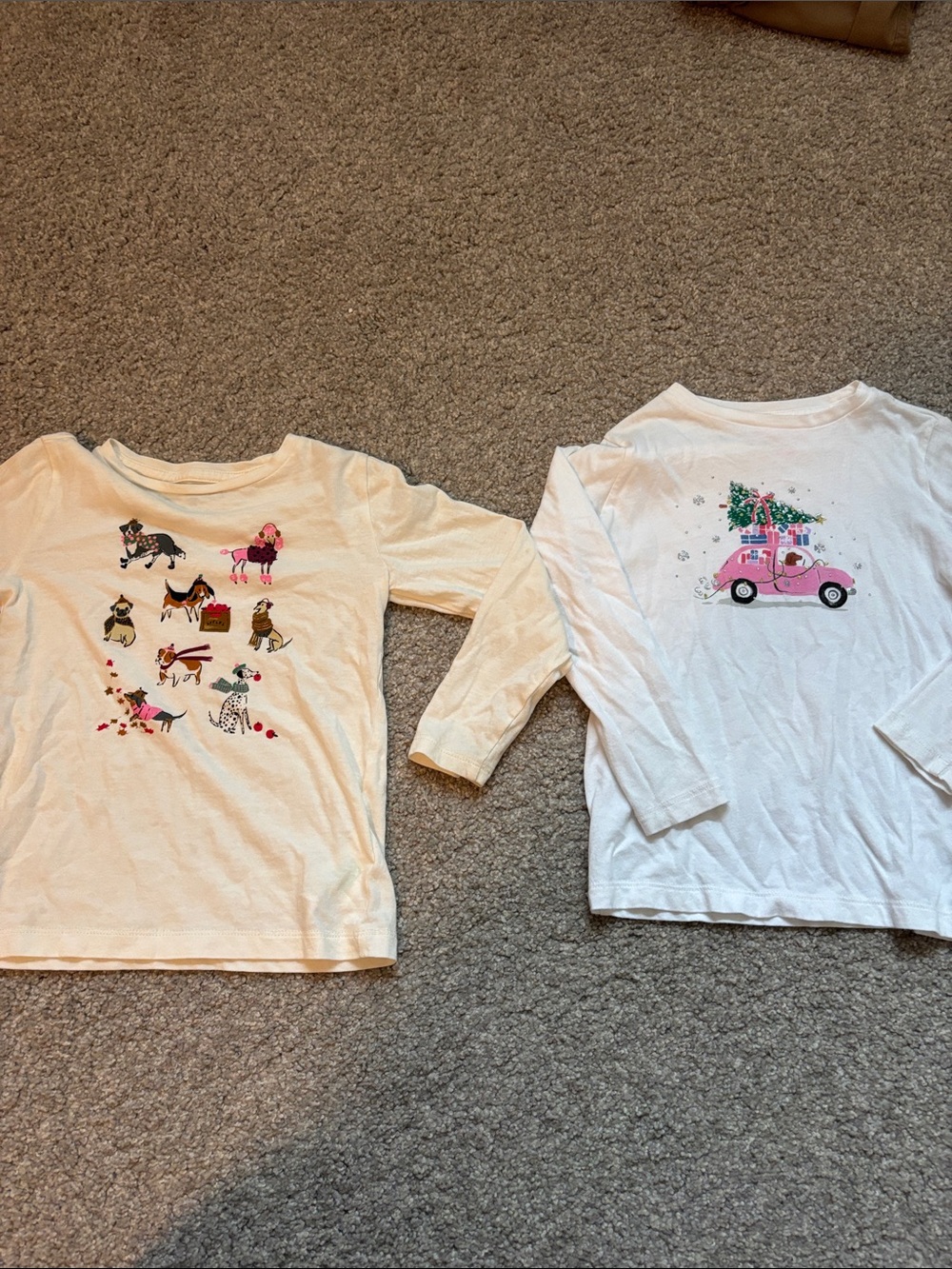 Crewcuts 2 White & Cream Long-Sleeve Tees XS 4/5 Car Holiday Graphic & dogs